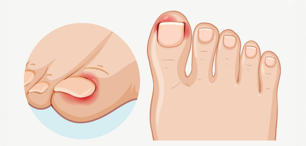 Inset illustration of an ingrown toenail on a big toe showing redness and swelling, used on an ingrown toenail treatment page
