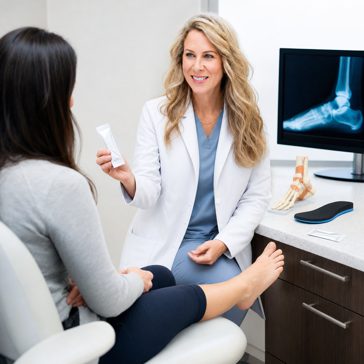 Podiatrist showing oral BPC 157 peptide therapy sachet to patient at Alpine Foot Specialists in Lake Zurich